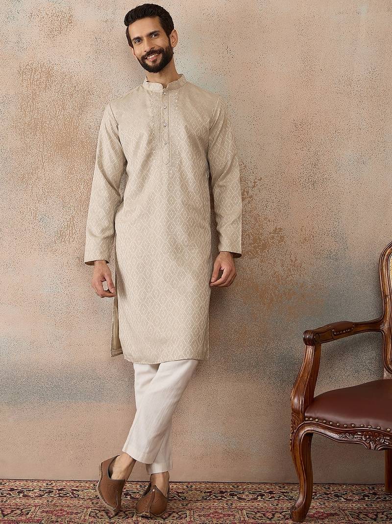 Mens peach linen blend geometric woven design kurta