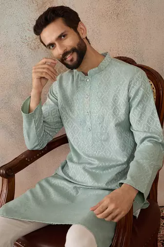 Mens green linen blend geometric woven design kurta