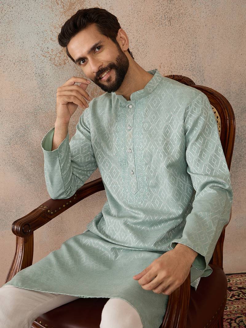 Mens green linen blend geometric woven design kurta