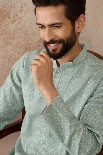 Mens green linen blend geometric woven design kurta