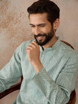 Mens green linen blend geometric woven design kurta 1