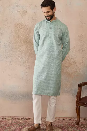 Mens green linen blend geometric woven design kurta