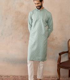 Mens green linen blend geometric woven design kurta