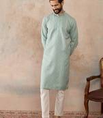 Mens green linen blend geometric woven design kurta