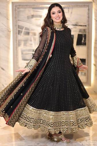 Black embroidered faux blooming anarkali gown set with dupatta