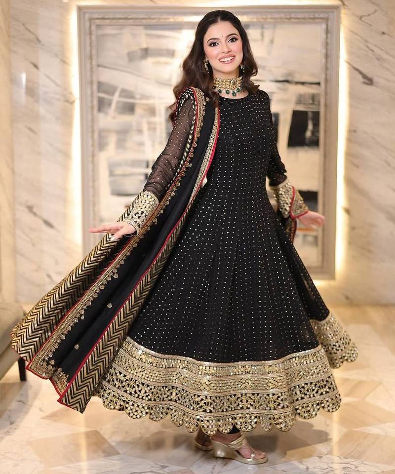 Black embroidered faux blooming anarkali gown set with dupatta