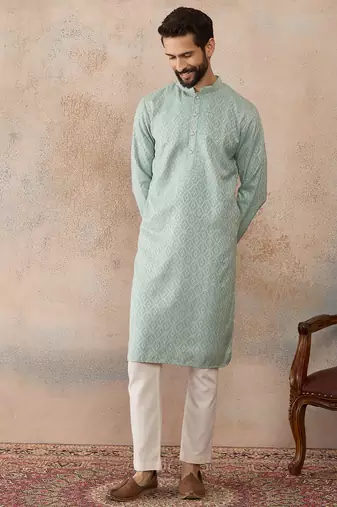 Mens green linen blend geometric woven design kurta