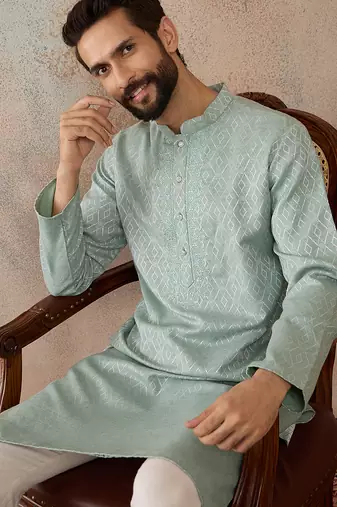 Mens green linen blend geometric woven design kurta