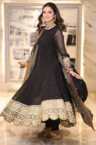 Black embroidered faux blooming anarkali gown set with dupatta