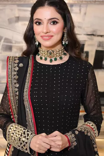 Black embroidered faux blooming anarkali gown set with dupatta
