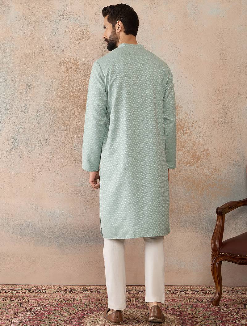 Mens green linen blend geometric woven design kurta