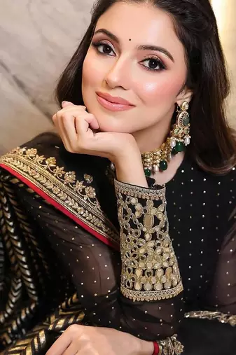 Black embroidered faux blooming anarkali gown set with dupatta