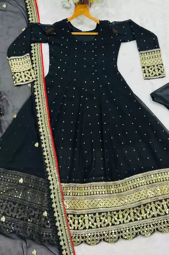 Black embroidered faux blooming anarkali gown set with dupatta