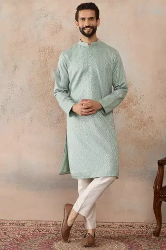Mens green linen blend geometric woven design kurta
