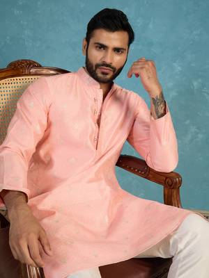 Mens pink jacquard ethnic motifs woven design kurta 1