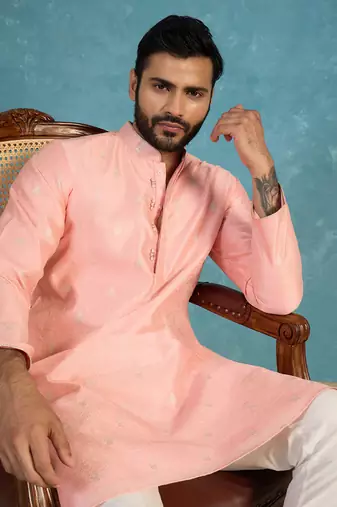Mens pink jacquard ethnic motifs woven design kurta