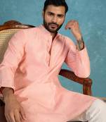 Mens pink jacquard ethnic motifs woven design kurta