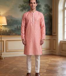 Mens pink jacquard ethnic motifs woven design kurta