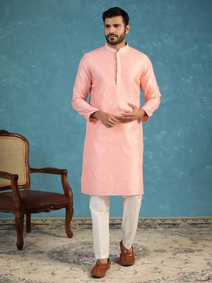 Mens pink jacquard ethnic motifs woven design kurta 2