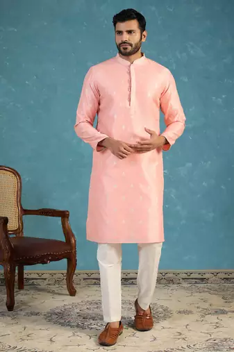 Mens pink jacquard ethnic motifs woven design kurta