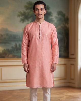 Mens pink jacquard ethnic motifs woven design kurta 2