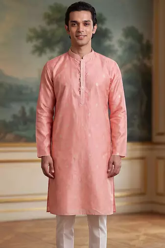 Mens pink jacquard ethnic motifs woven design kurta
