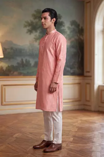 Mens pink jacquard ethnic motifs woven design kurta