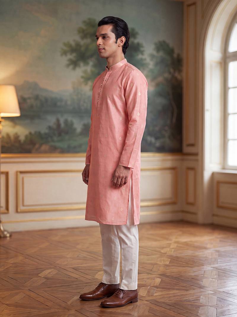 Mens pink jacquard ethnic motifs woven design kurta