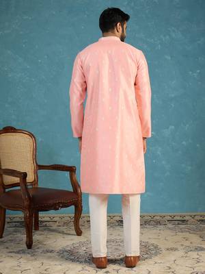 Mens pink jacquard ethnic motifs woven design kurta 4