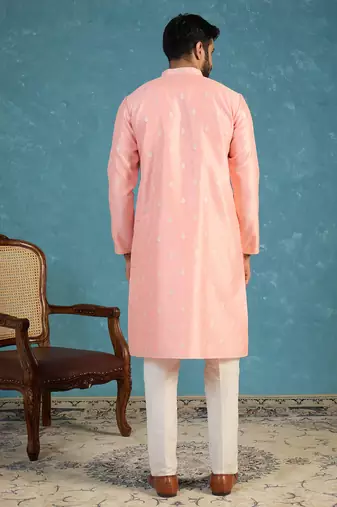 Mens pink jacquard ethnic motifs woven design kurta