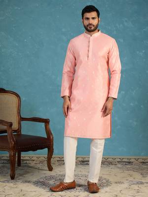 Mens pink jacquard ethnic motifs woven design kurta 5