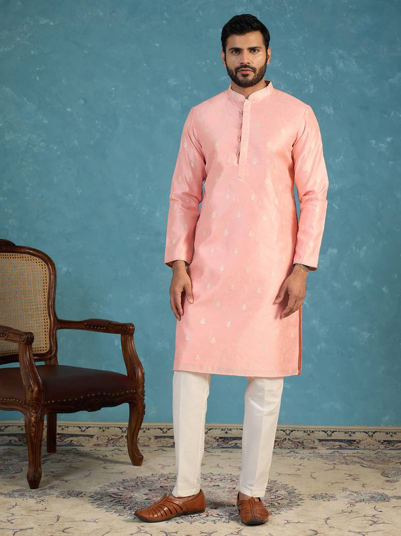 Mens pink jacquard ethnic motifs woven design kurta