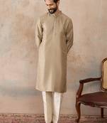 Men beige silk blend embroidered solid straight kurta
