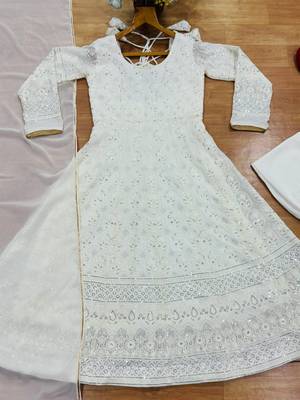 White embroidered faux blooming anarkali gown set with dupatta 4