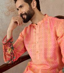 Men orange silk blend ethnic motifs printed straight kurta