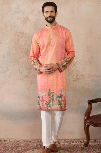 Men orange silk blend ethnic motifs printed straight kurta