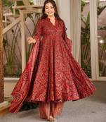 Maroon muslin digital print anarkali kurti pant & dupatta set