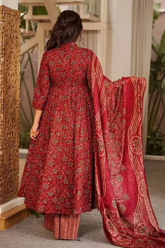 Maroon muslin digital print anarkali kurti pant & dupatta set