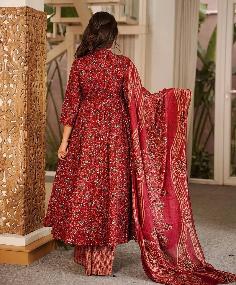 Maroon muslin digital print anarkali kurti pant & dupatta set