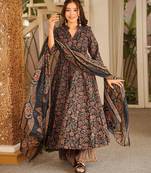 Black muslin digital print anarkali kurti pant & dupatta set