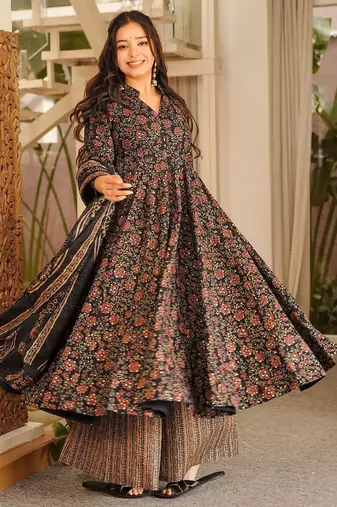 Black muslin digital print anarkali kurti pant & dupatta set