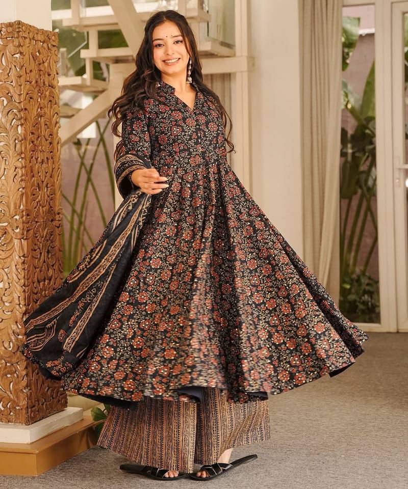 Black muslin digital print anarkali kurti pant & dupatta set
