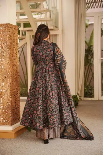 Black muslin digital print anarkali kurti pant & dupatta set