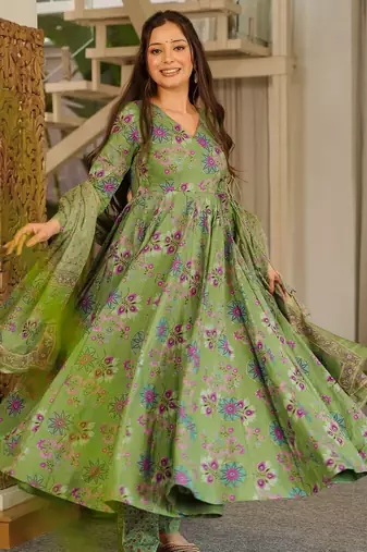 Green muslin digital print anarkali kurti pant & dupatta set