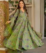 Green muslin digital print anarkali kurti pant & dupatta set