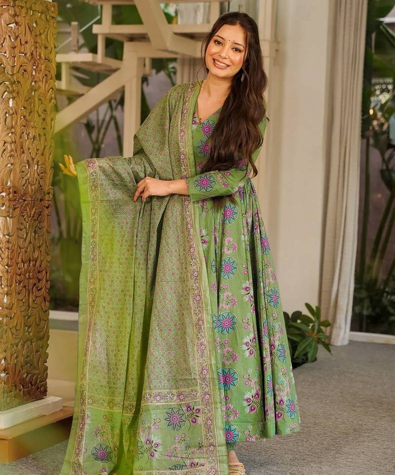 Green muslin digital print anarkali kurti pant & dupatta set