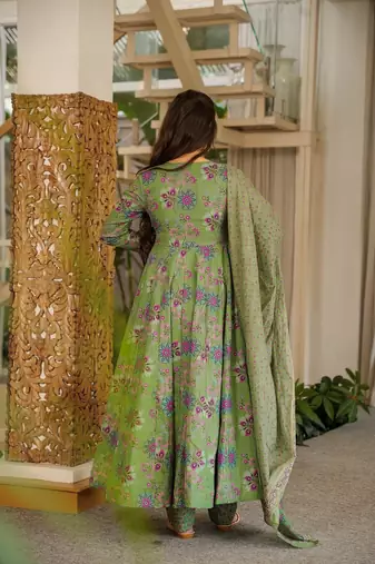 Green muslin digital print anarkali kurti pant & dupatta set