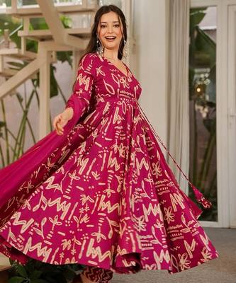 Rani pink muslin digital print anarkali kurti pant & dupatta set 1