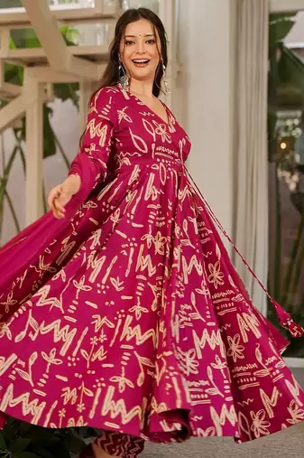 Rani pink muslin digital print anarkali kurti pant & dupatta set