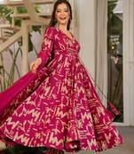 Rani pink muslin digital print anarkali kurti pant & dupatta set